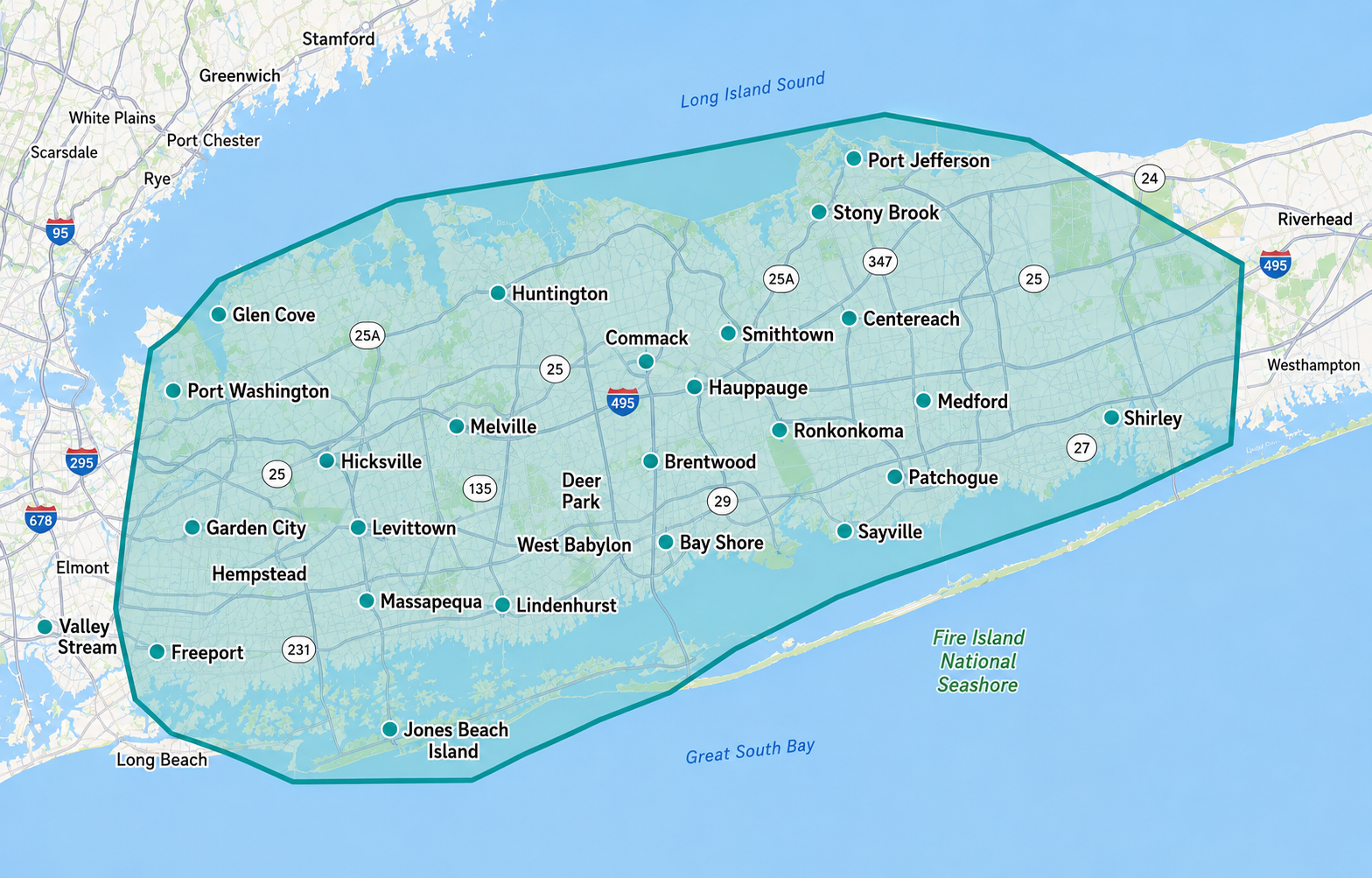 Map of ReadySet Portable Restrooms service area covering Nassau and Suffolk County on Long Island